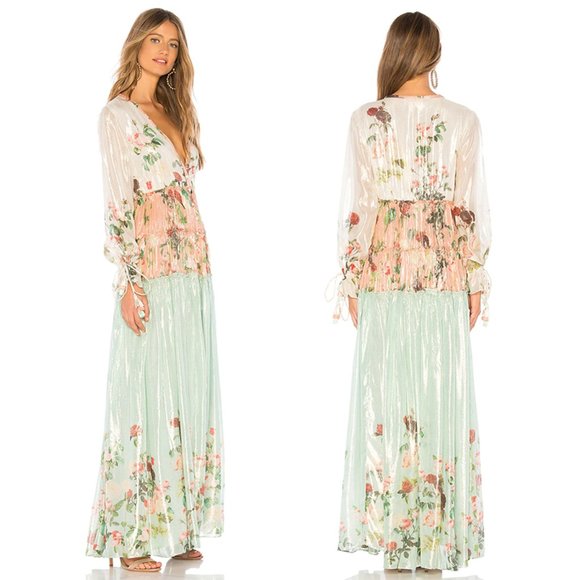 NWT Rococo Sand Ruched Long Dress Maxi Plunging V-Neck Metallic Green Pink XS - Picture 2 of 10